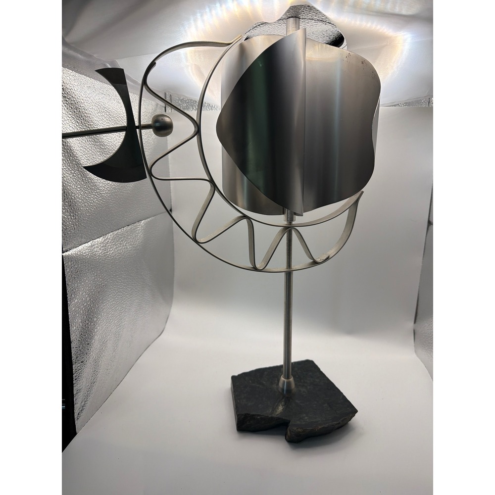 Kinetic Metal Wind Sculpture Tabletop Art Stainless Steel Moon Slate Base